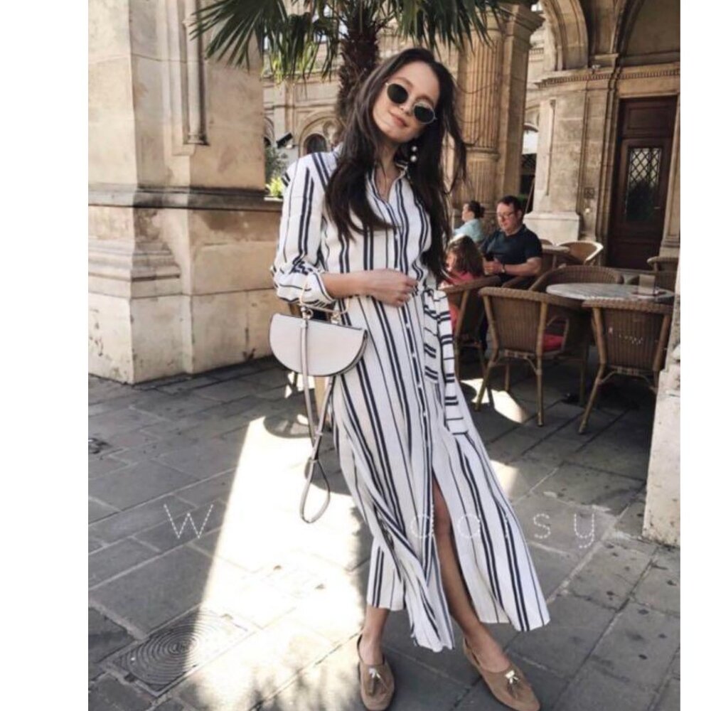 Zara White Maxi Shirt Dress with Navy Blue Stripes XS Women’s